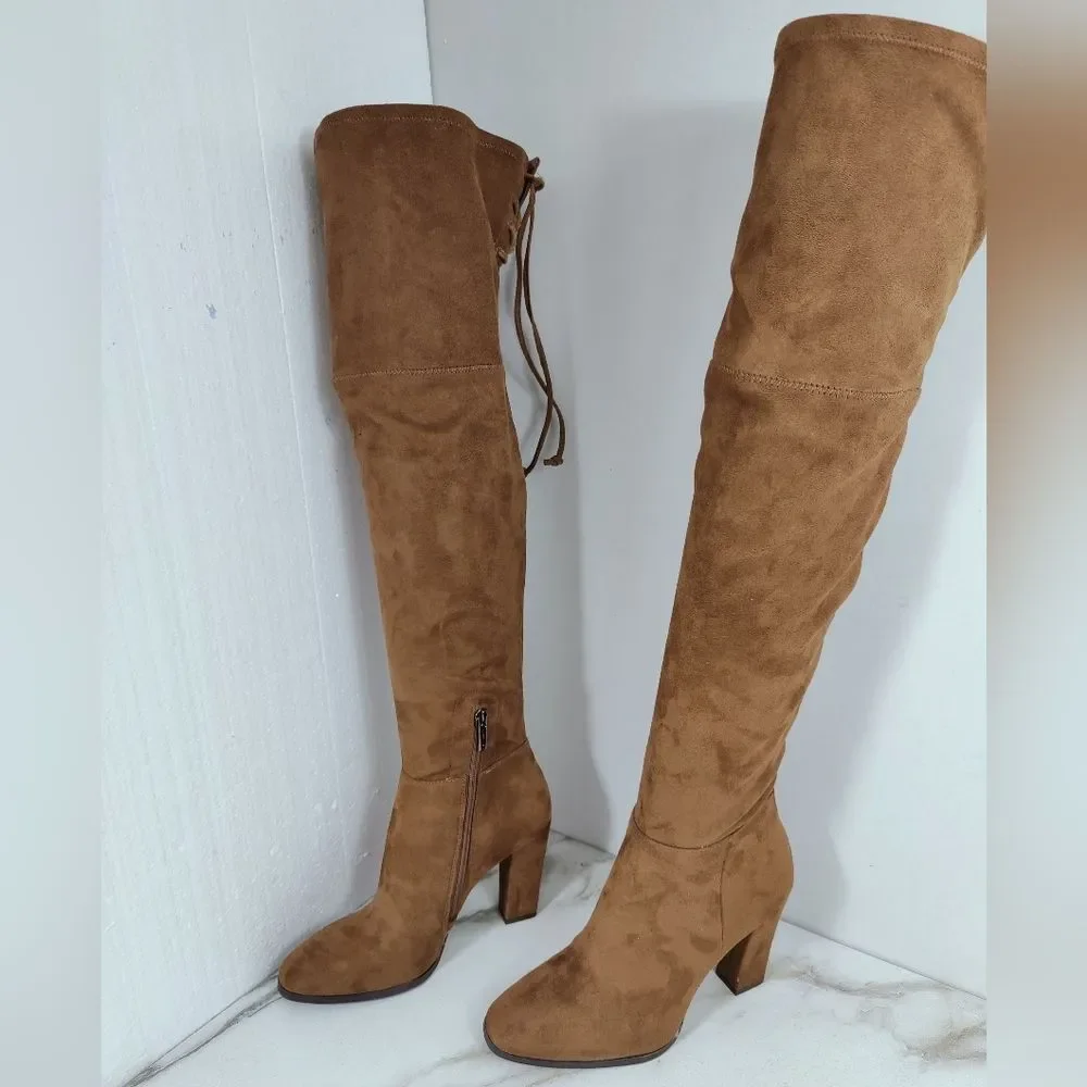 Vince Camuto Tapley Cognac Microsuede Over The Knee Heeled Boots, 7.5